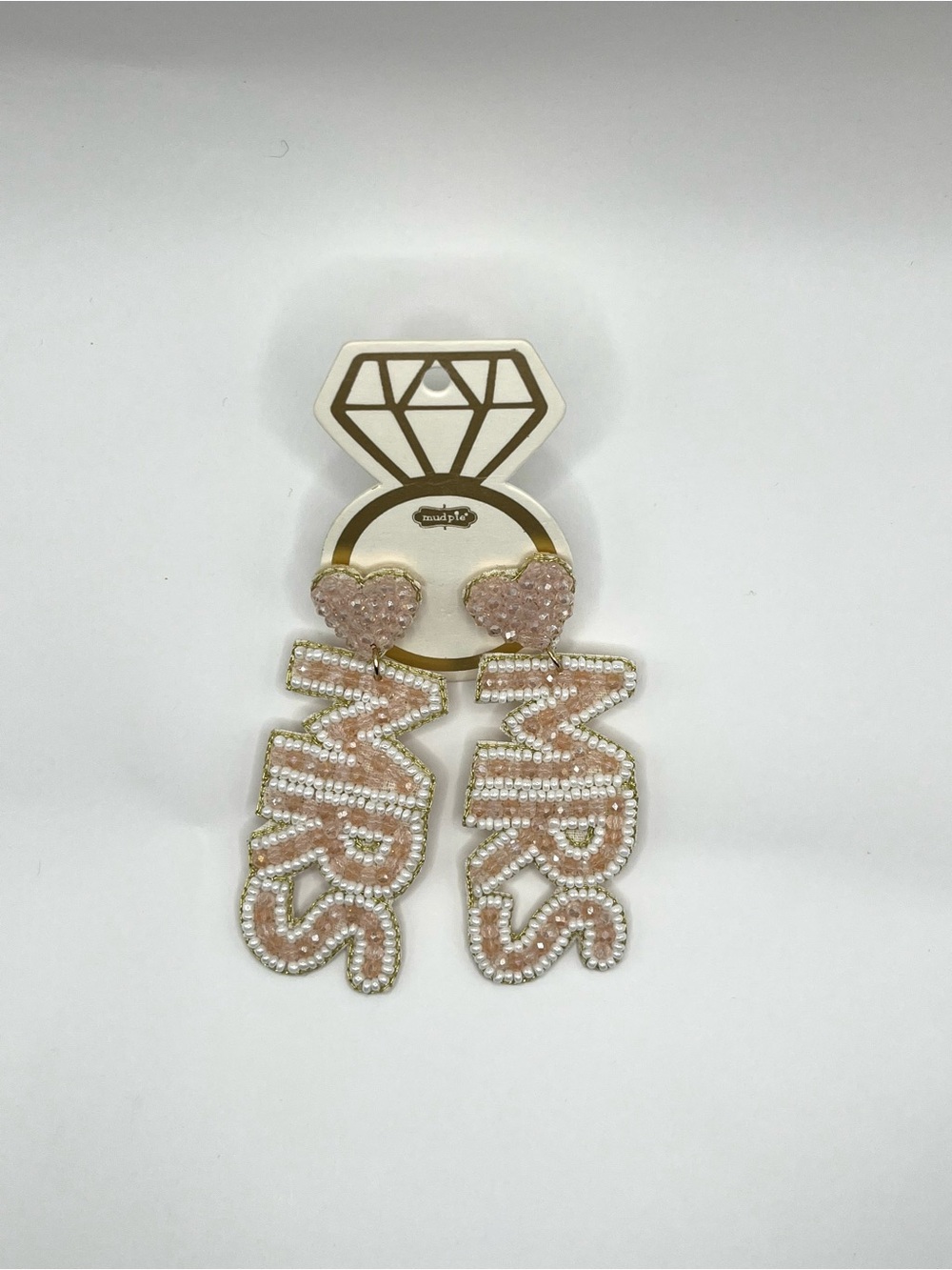 Beaded 'Mrs' Drop Earrings with Pink Heart Studs NWT